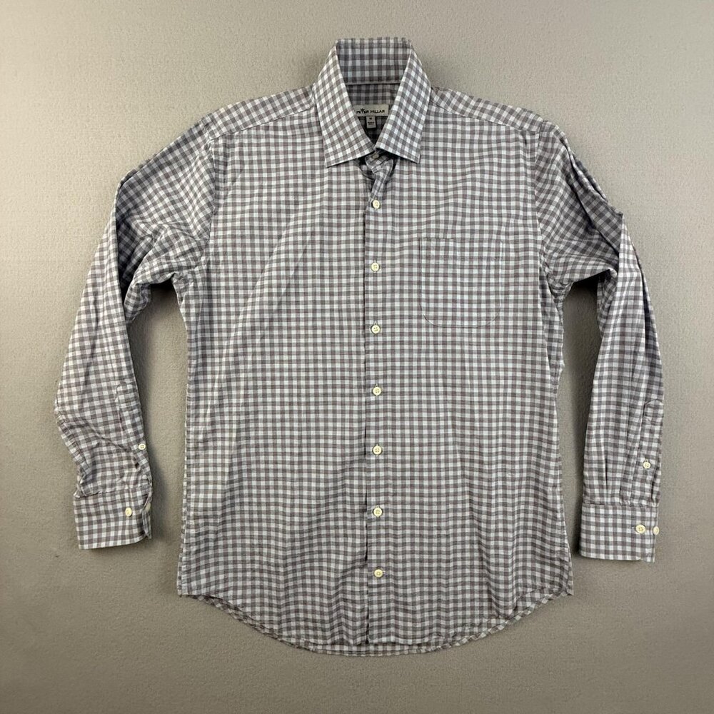 Peter Millar Shirt Men's Medium Gingham Check Button Up‎ Long Sleeve Blue Gray